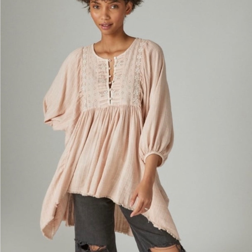 Lucky Brand Yoke Women's Blush Pink Boho Top Size XS